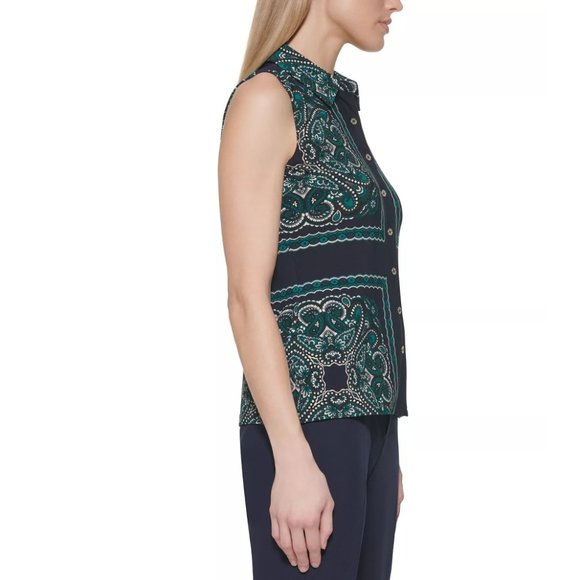 NEW Tommy Hilfiger Midnight & Forest Mandala Sleeveless Button-up Blouse Size S - Picture 4 of 4